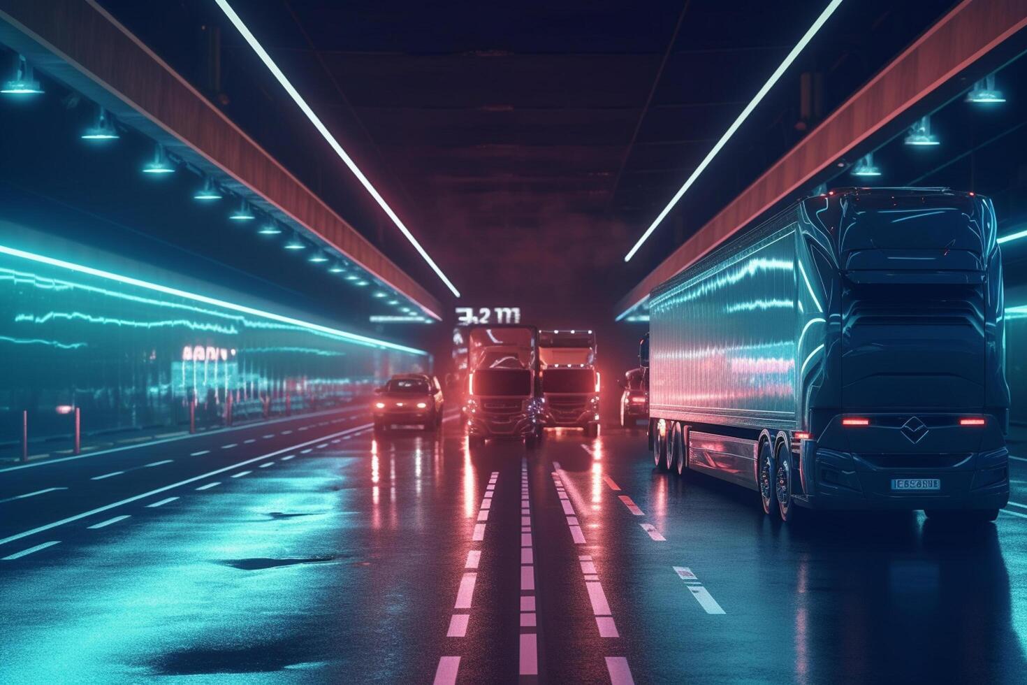 3d rendering of a delivery van with neon lights on the road photo