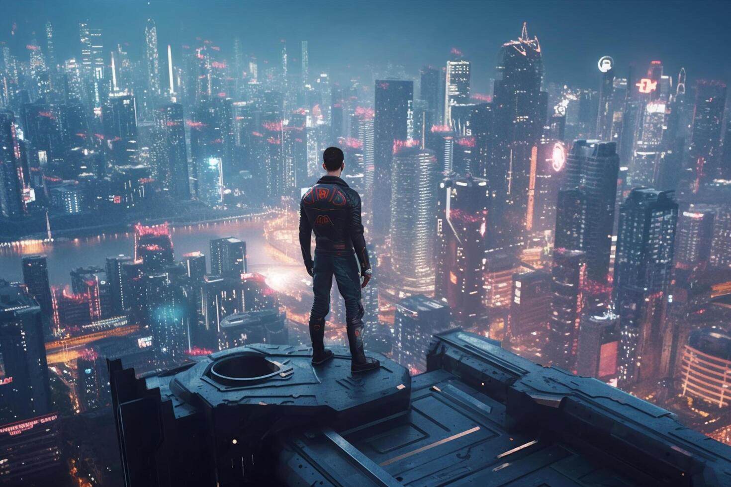 Rear view of a businessman standing in front of a futuristic city photo