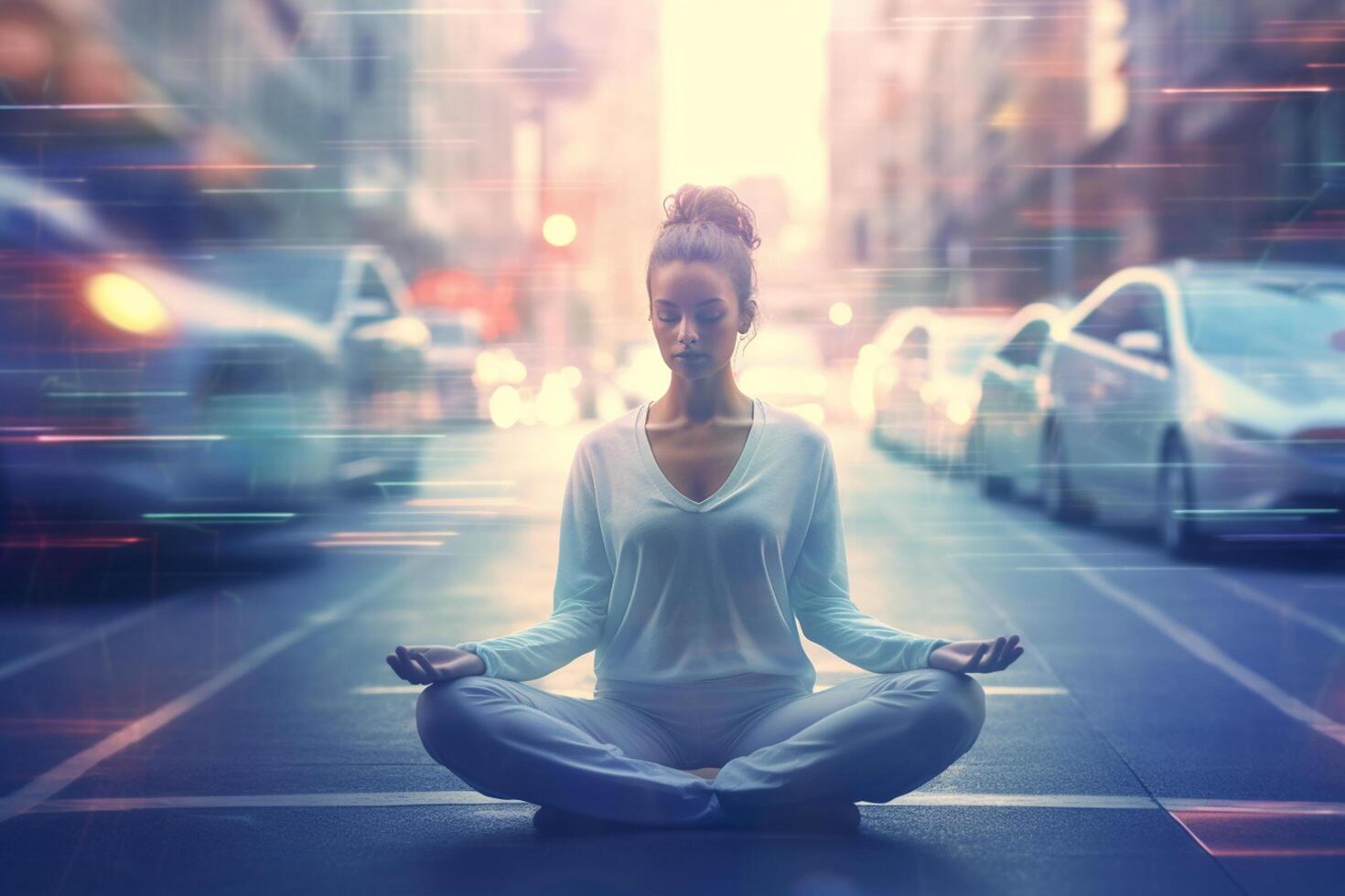 Young woman practicing yoga on the road in the city at night. Ai Generated photo