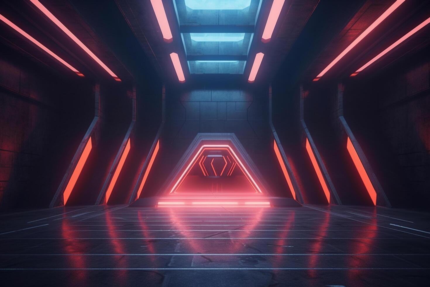 3d rendering. Futuristic corridor with glowing neon lights. Sci-fi interior photo