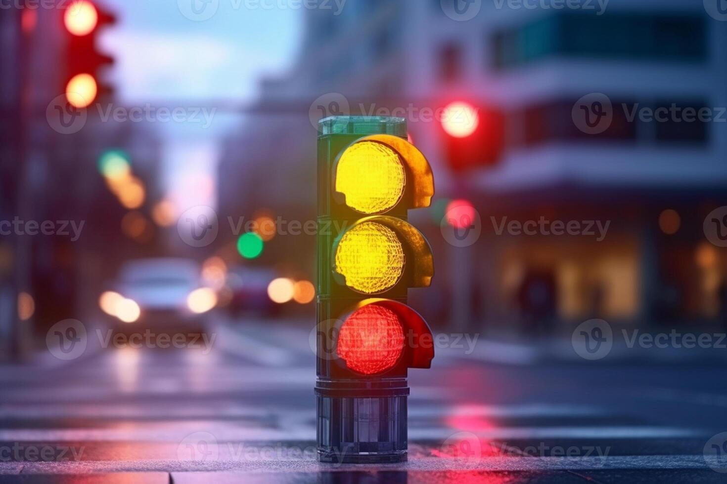 tráfico señal ligero en el ciudad a noche. 3d representación. ai generado foto