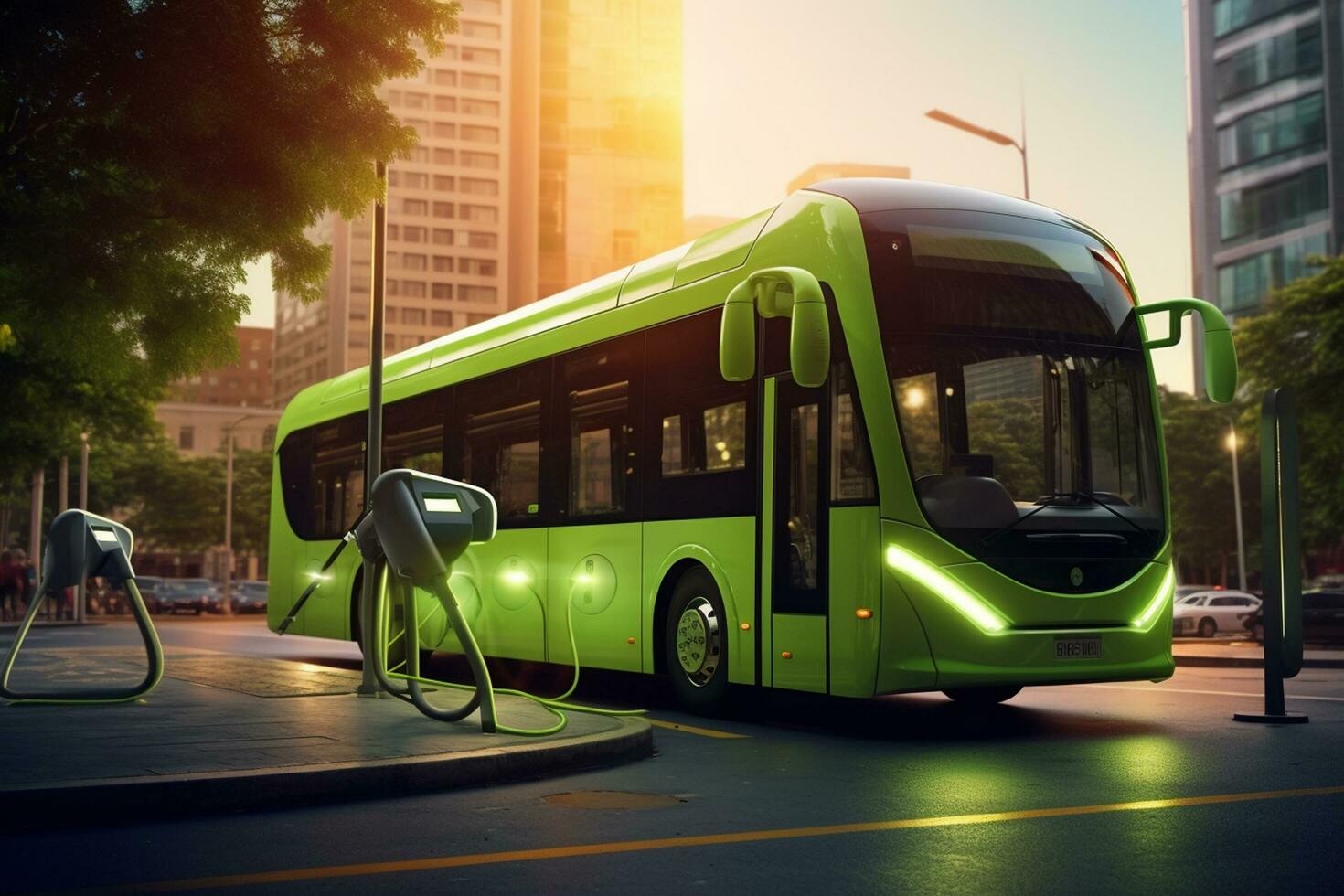 Green bus in the city at sunset. Public transport concept image. Ai Generated photo