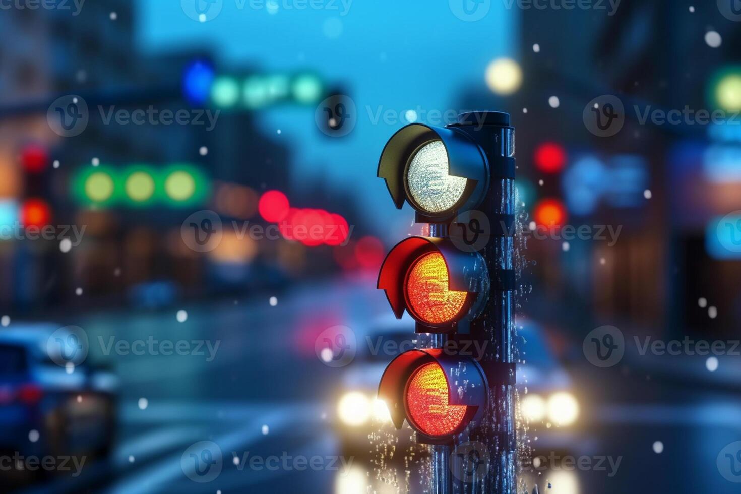 Traffic signal light in the city at night. 3d rendering. photo