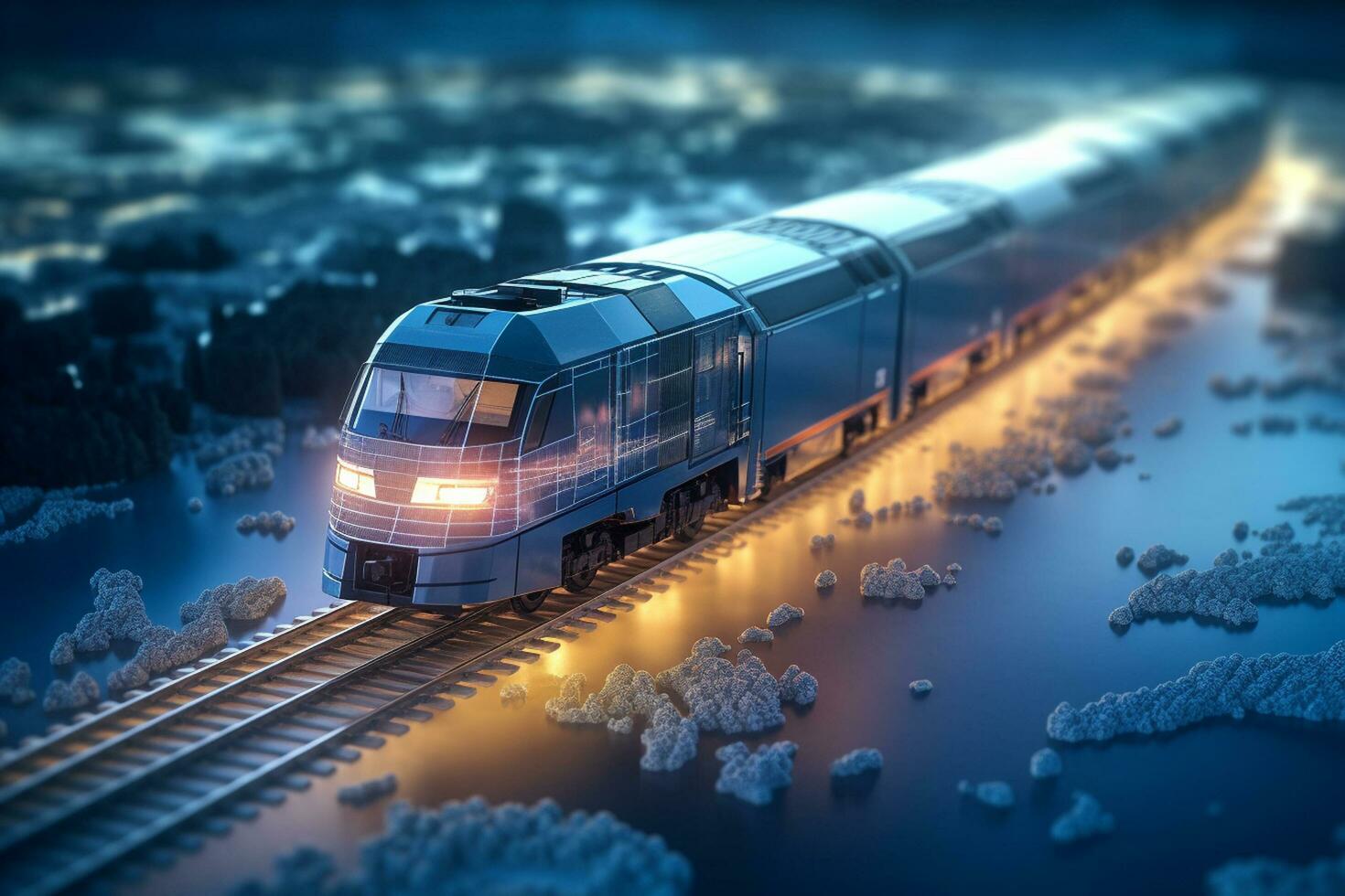 High speed train on the background of the city at night. 3d rendering Ai Generative photo