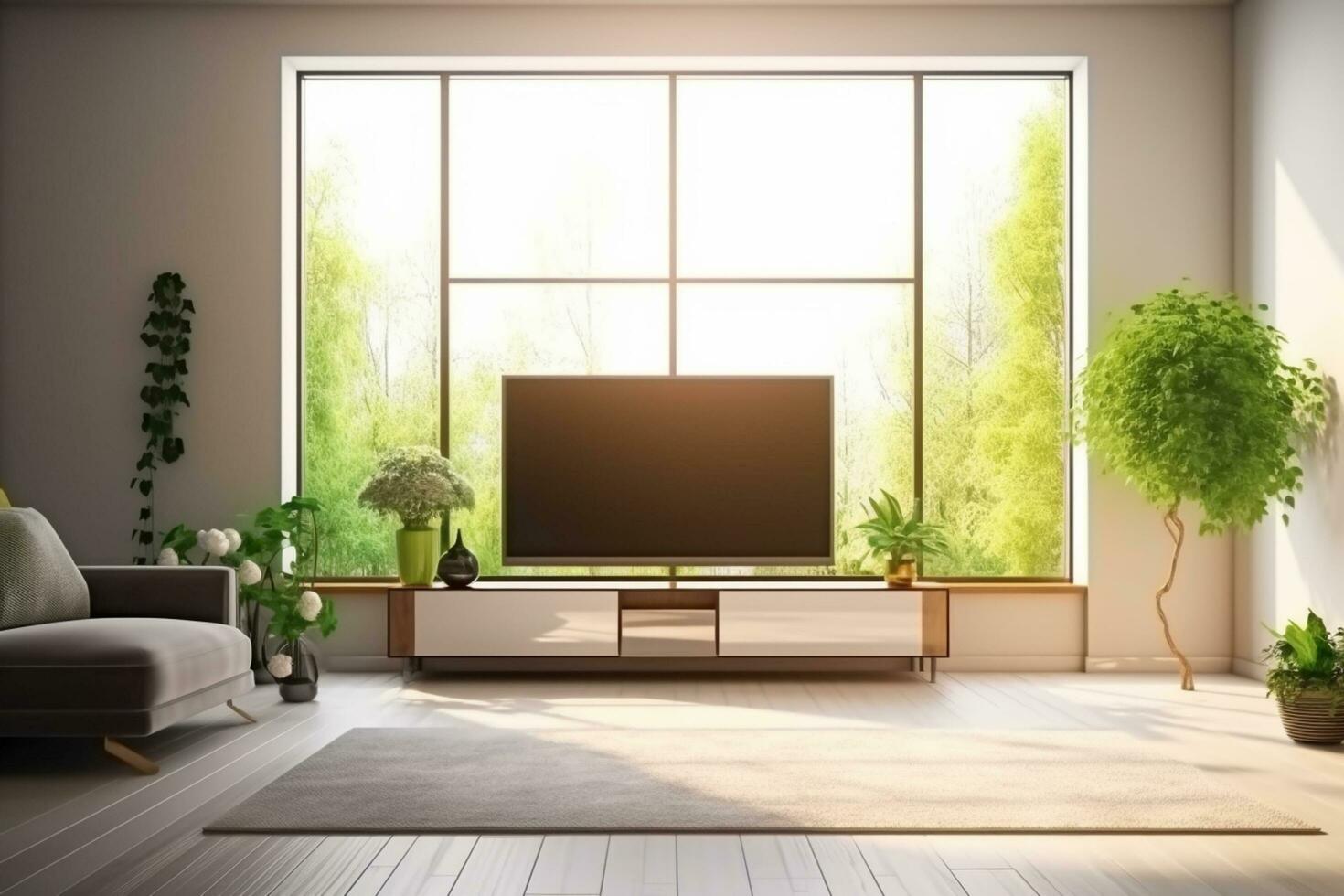 Interior living room with sofa and TV on the wall. 3d illustration Ai Generative photo