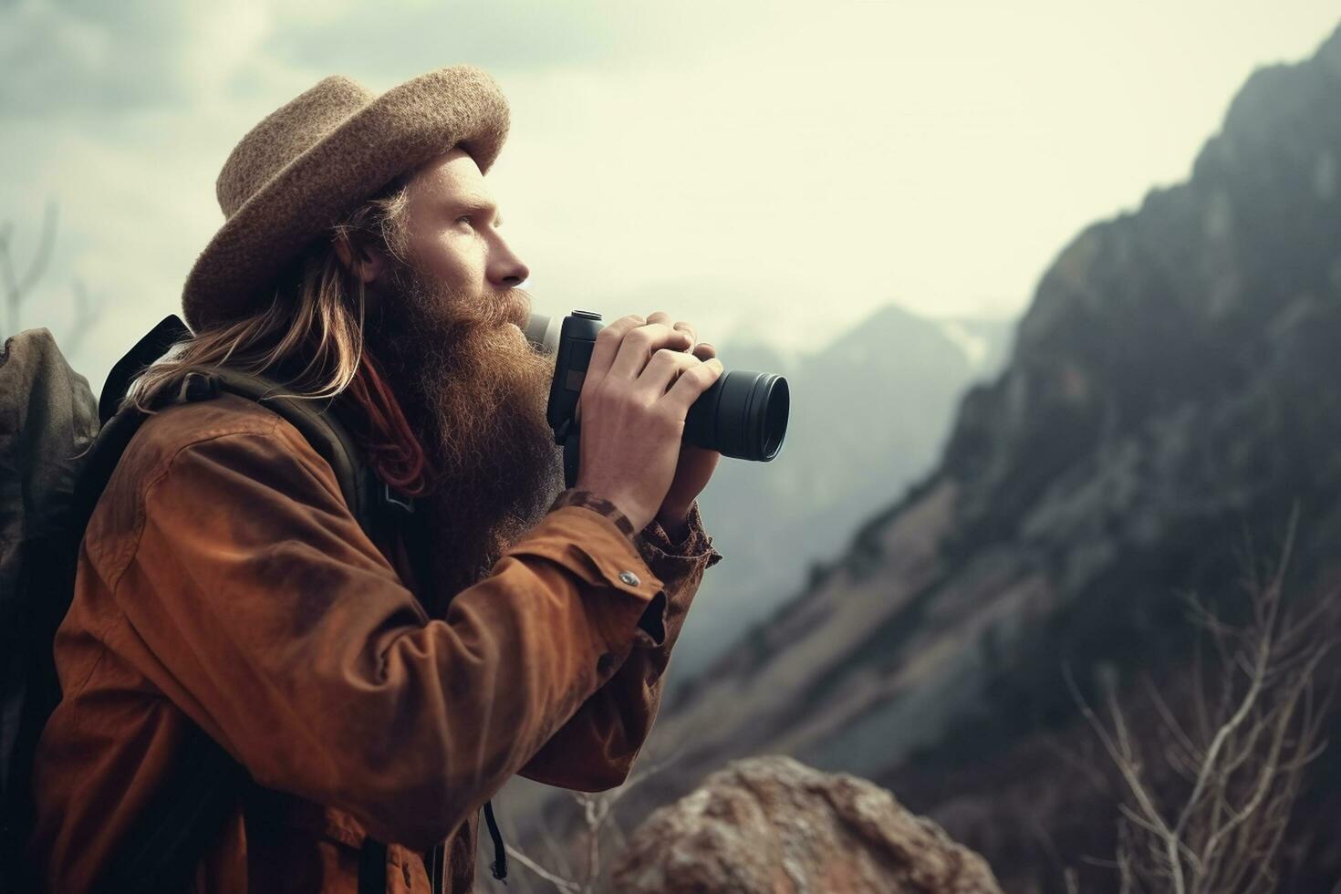 Hiking man with backpack and binoculars in the mountains. Ai Generated photo