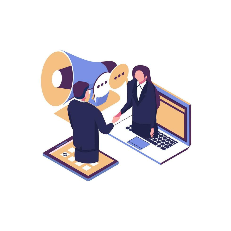 online conclusion of the transaction. the opening of a new startup. business handshake, via phone and laptop. vector illustration in a flat style investor holds money in ideas online. - Vector