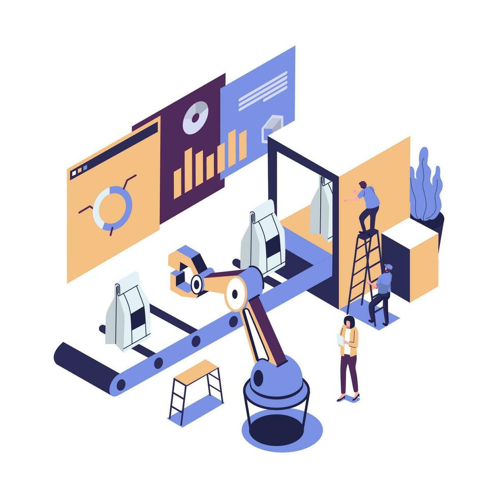 Vector illustration, a production line with workers, automation and user interface concept. user connecting with a tablet and sharing data with a cyber physical system, Smart industry
