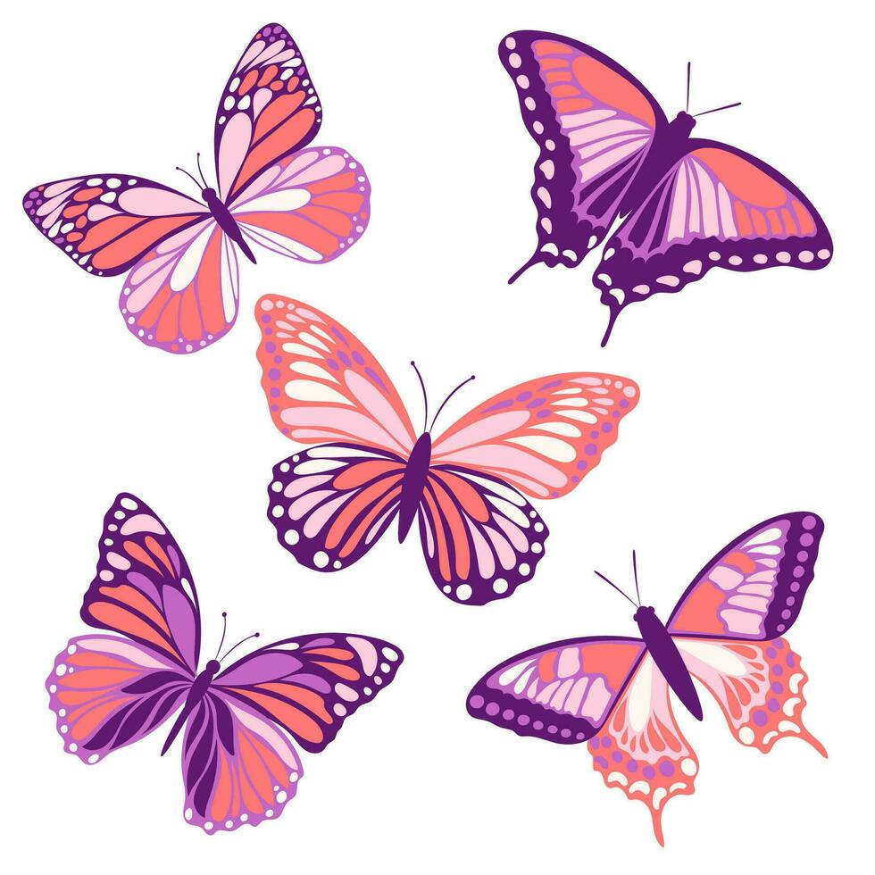 Flying insects, monarch butterfly, creative vintage fill for various designs. A set of pink and purple butterflies isolated on a white background in flat style. vector