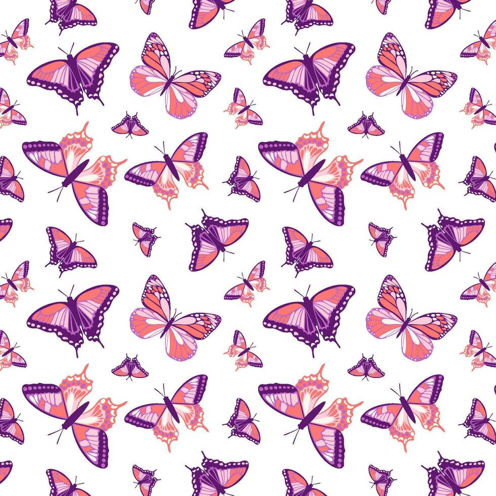 insectos, mariposa patrón, fondo, púrpura rosado primavera estado animico modelo. amable sin costura modelo con mariposas para antecedentes y paquetes vector