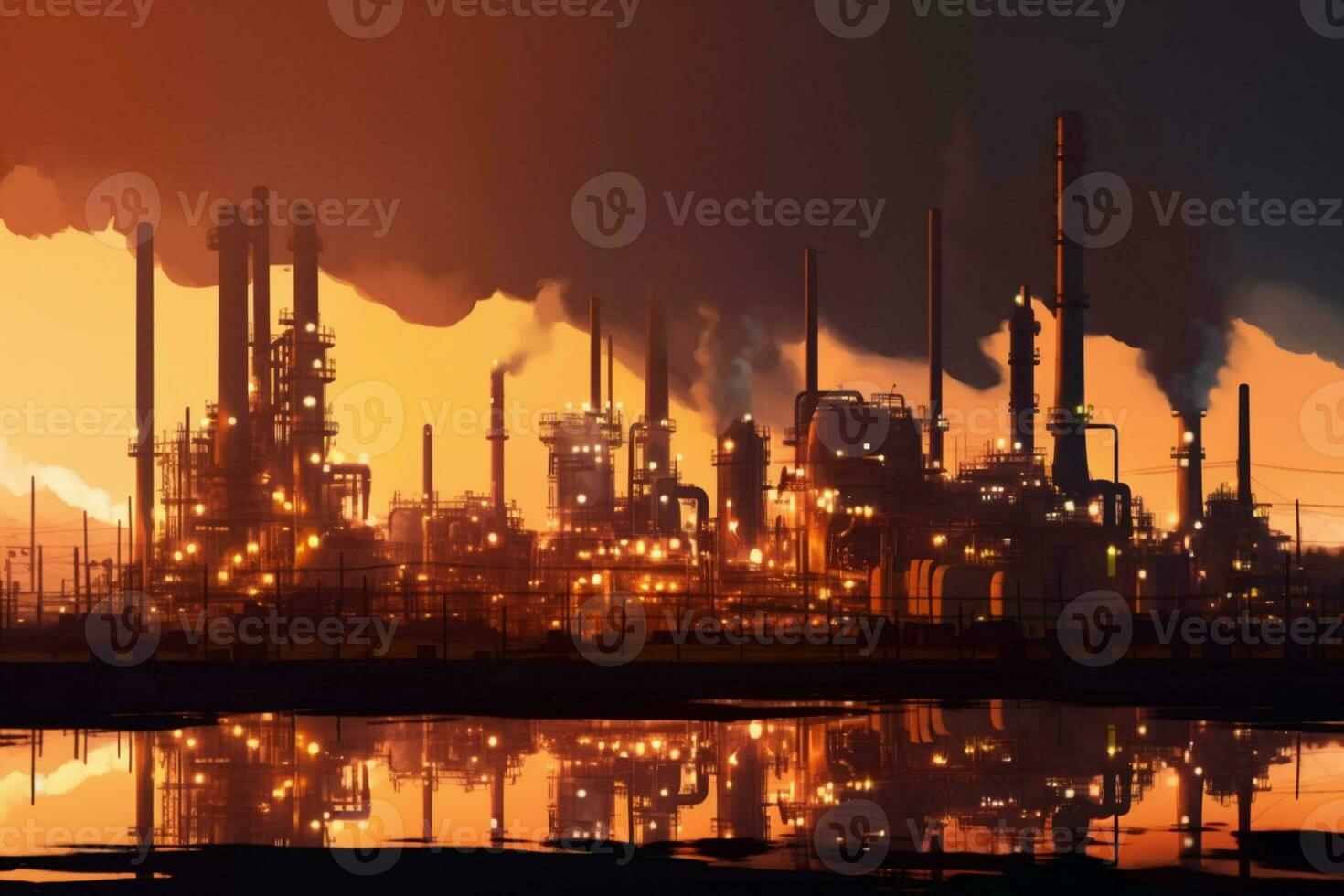 Oil refinery at sunset 3d render Ai Generated photo