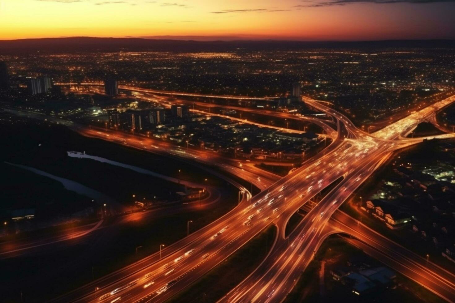 Aerial view of highway and cityscape at dusk. Top view photo