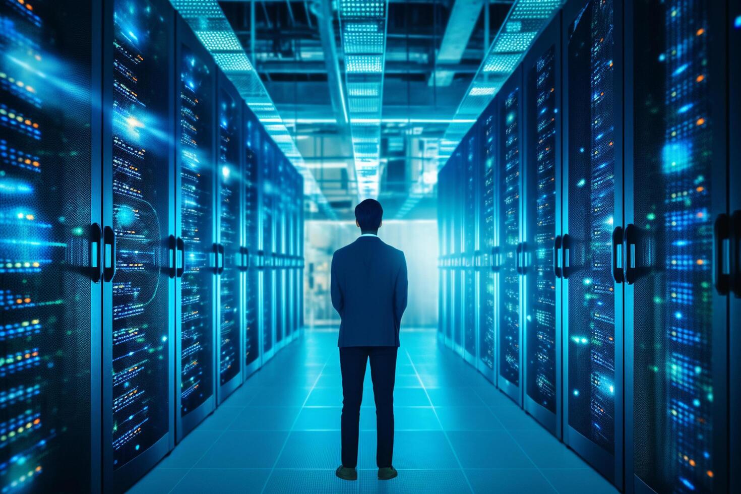 Rear view of businessman standing in server room and looking at data center photo