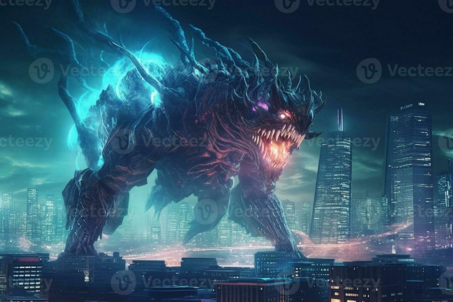 Fantasy dragon in the night city. 3D illustration. Elements of this image furnished by NASA photo