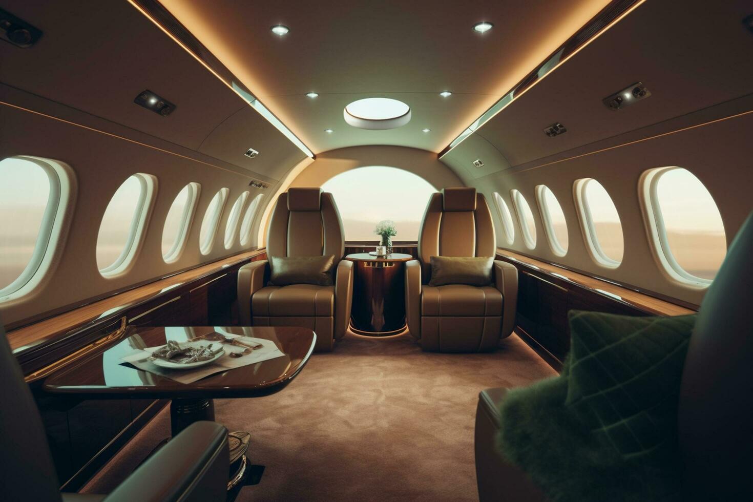 Interior of a private jet with seats and tables. 3d rendering photo