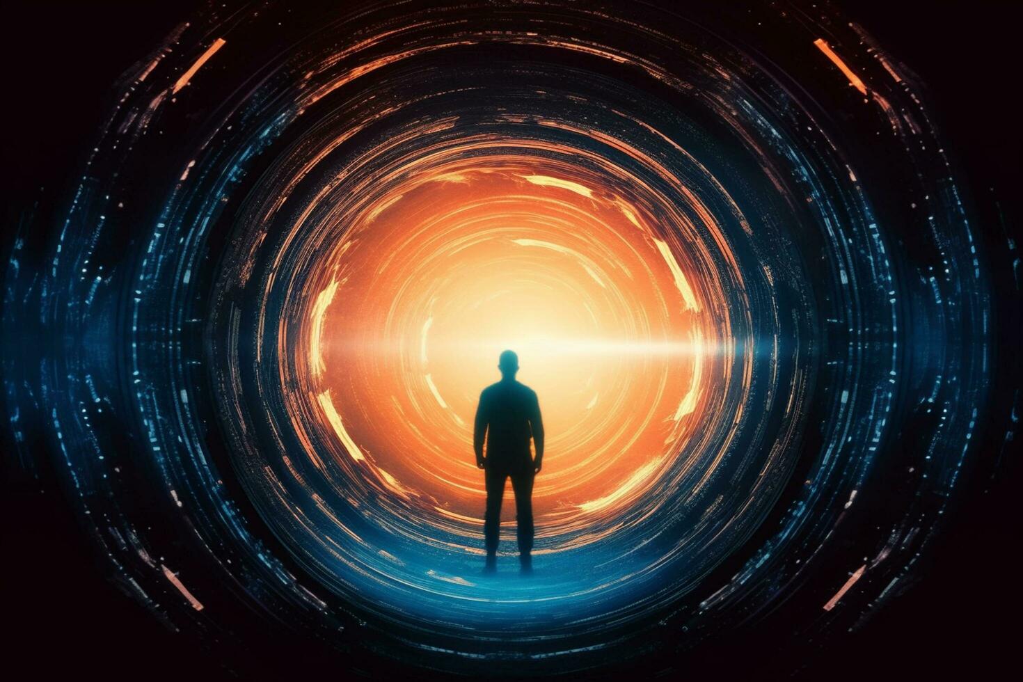 Man standing in the dark tunnel with glowing light. Futuristic concept Ai Generated photo