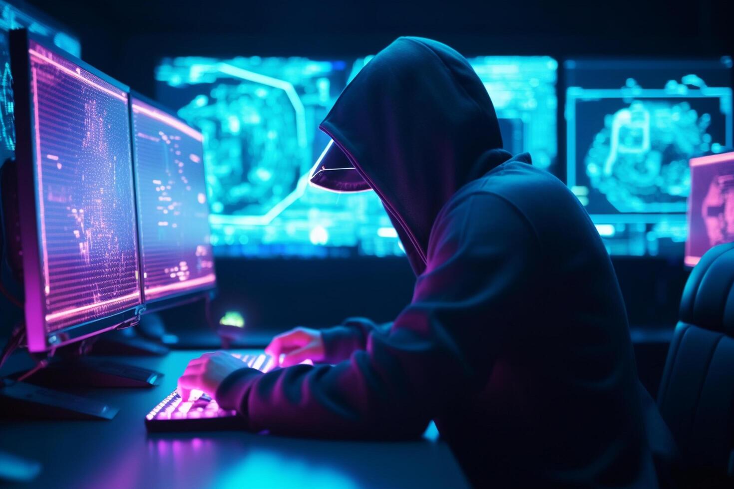 Hacker in a hood on a dark background hacking a computer system photo