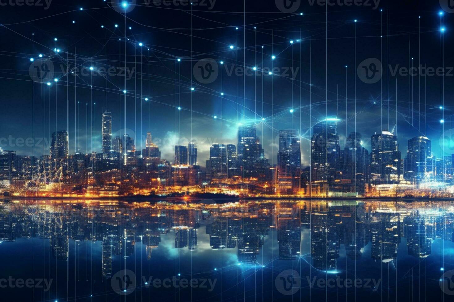 Abstract night city with lights and connection lines. 3D Rendering photo
