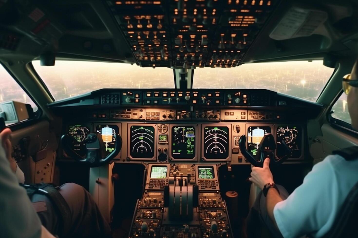 cockpit of a plane with a view of the road and the city photo