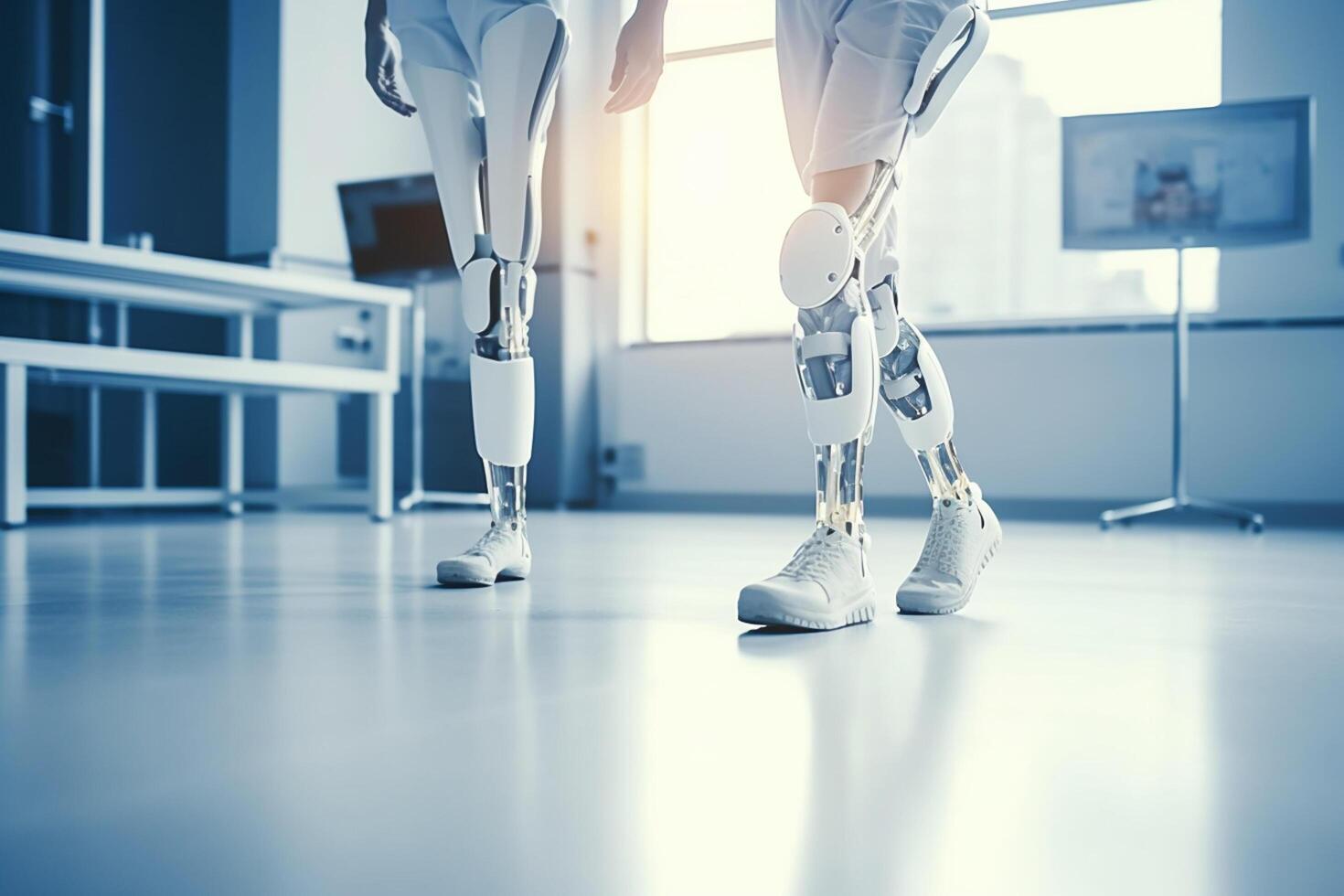 Robot walking on crutches in the hospital, closeup  Ai Generative photo