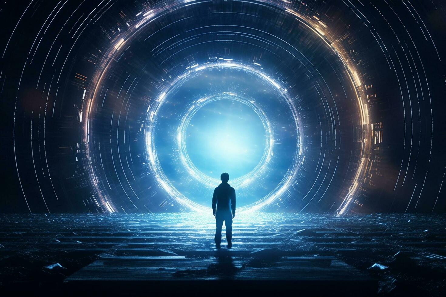 Man standing in the dark tunnel with glowing light. Futuristic concept Ai Generated photo