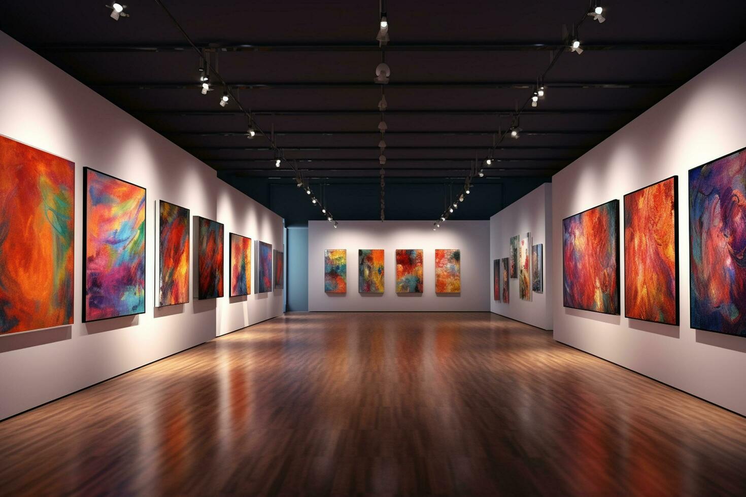 3d render of modern art gallery interior with paintings on the wall Ai Generated photo