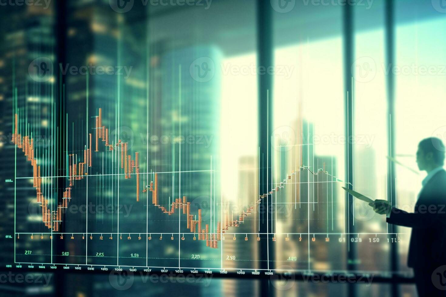 Businessman and stock market chart on abstract city background. Double exposure photo