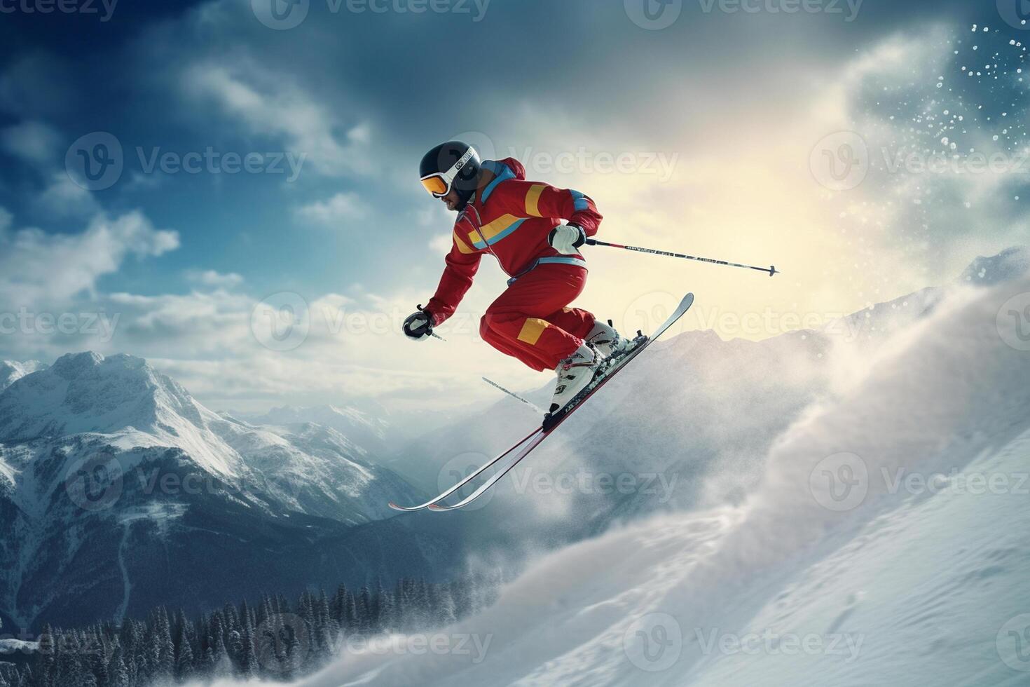 volador esquiador en montañas. extremo invierno deporte. 3d representación ai generado foto