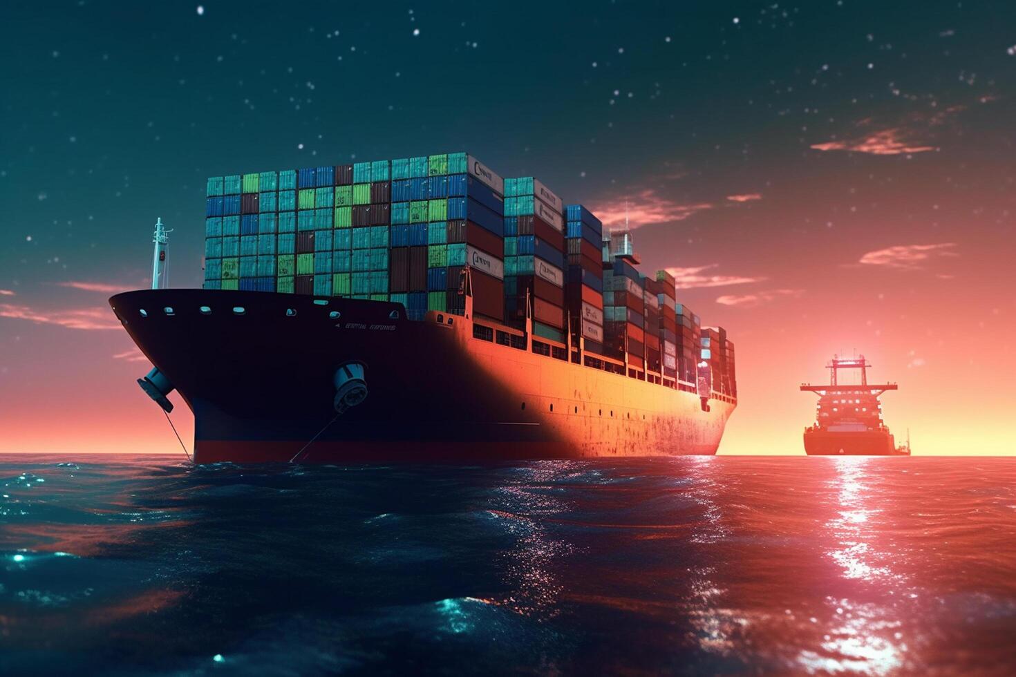 Container Ship in the ocean at sunset. 3D Rendering. photo