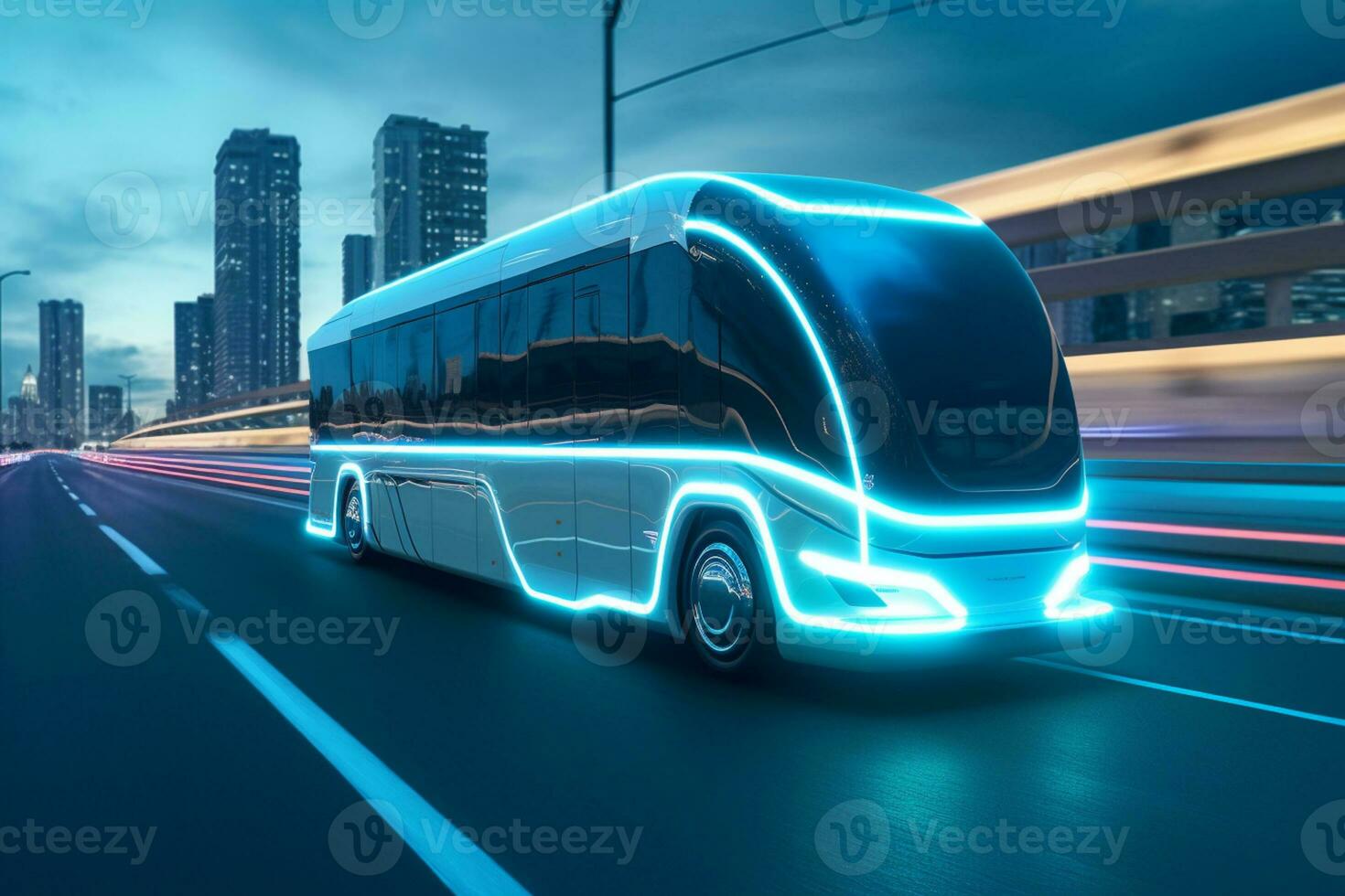 truck on the road with cityscape in the background. 3d rendering photo