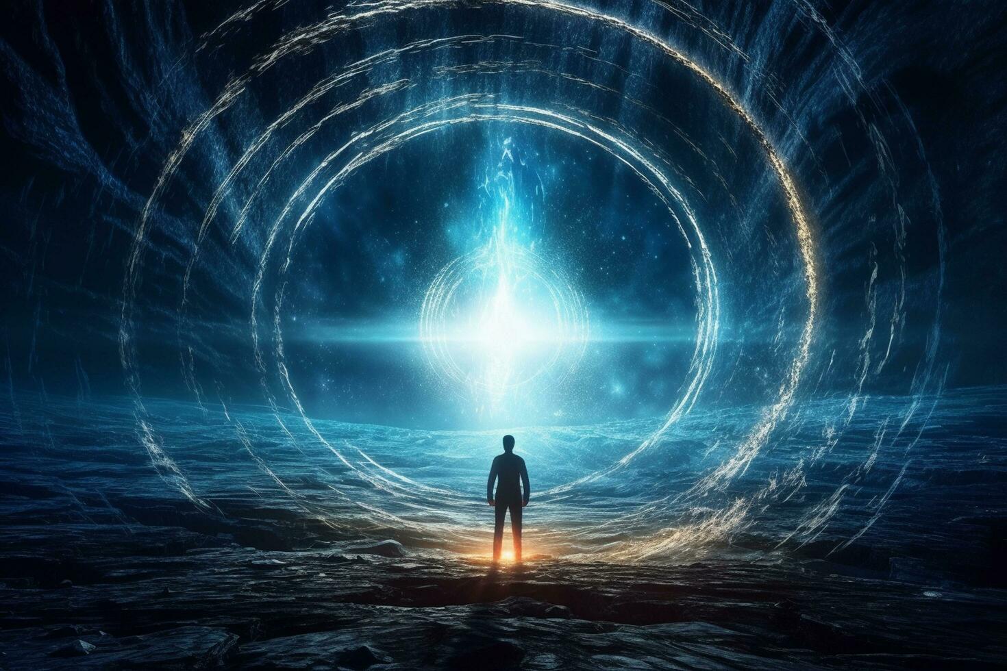 Man standing in the dark tunnel with glowing light. Futuristic concept Ai Generated photo