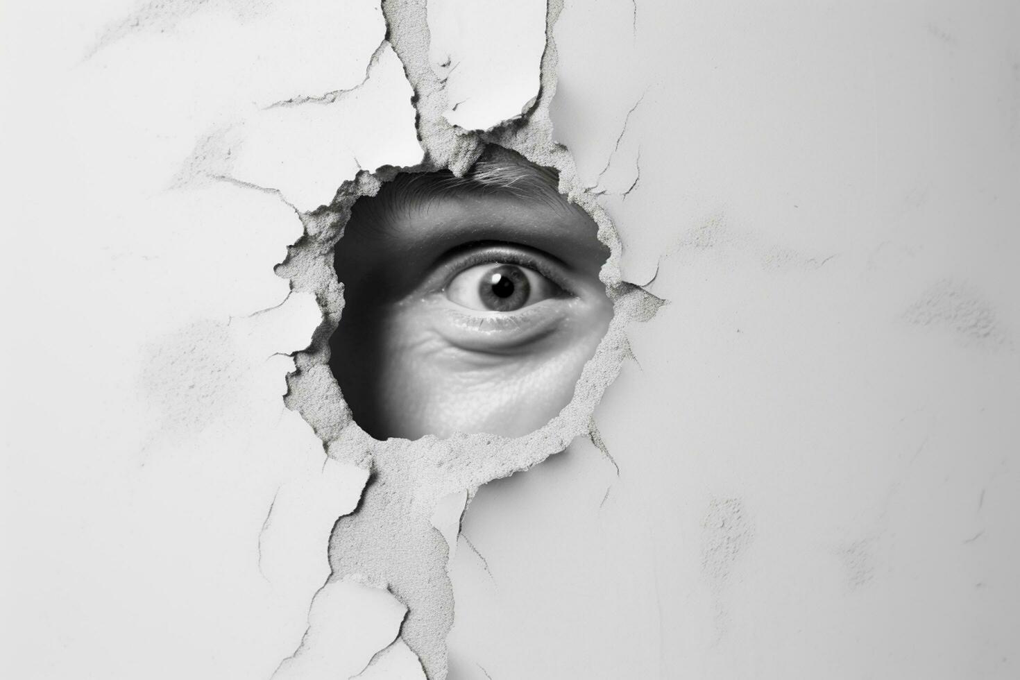 Eye looking through a hole in white paper. Conceptual image. Ai Generative photo