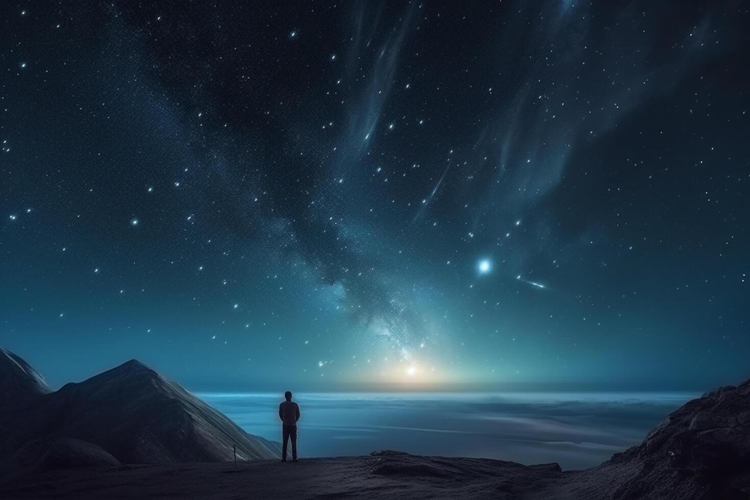 Silhouette of photographer with camera on tripod against night sky background photo