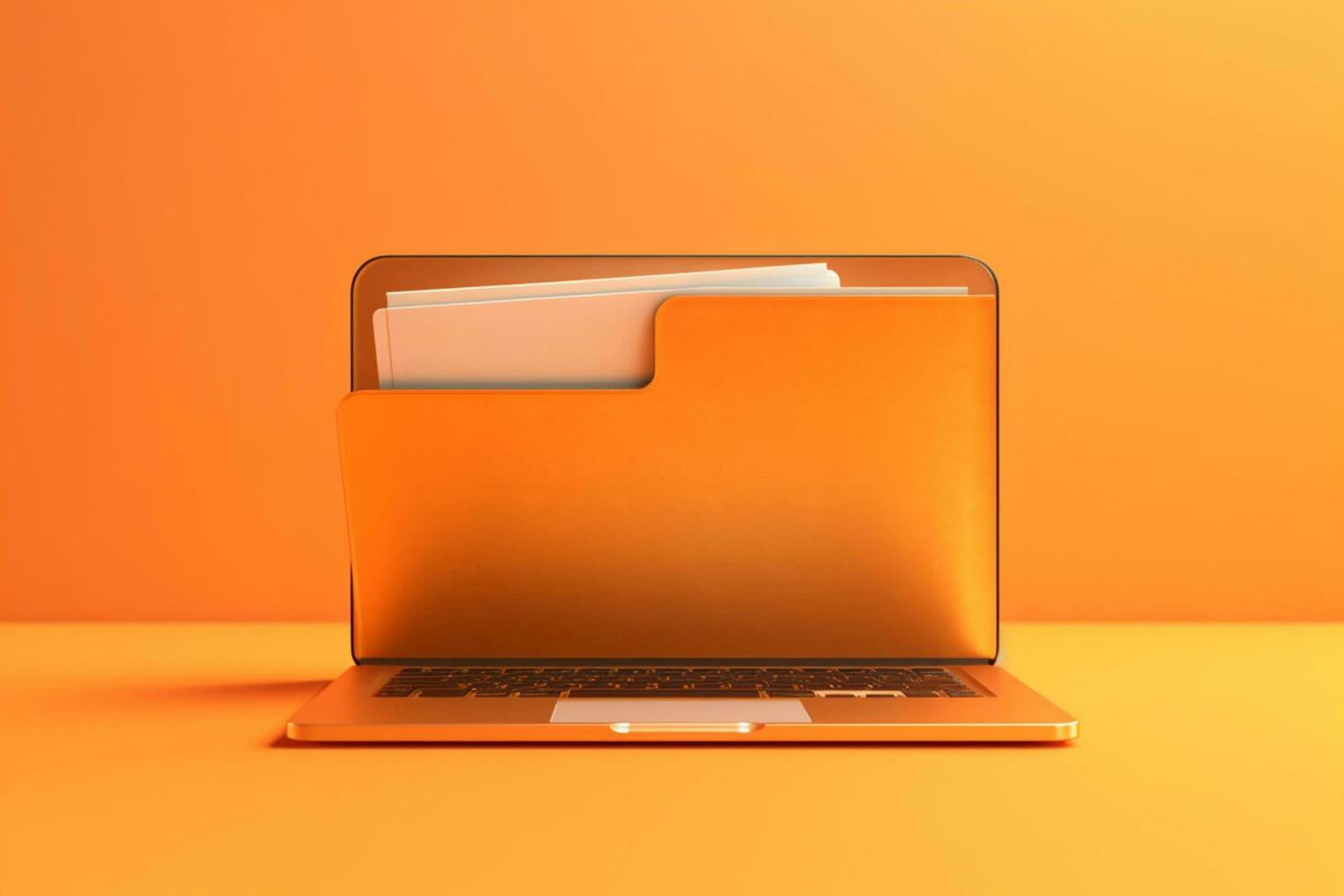 Laptop and folder on orange background. 3d rendering. Computer digital drawing. Ai Generated photo