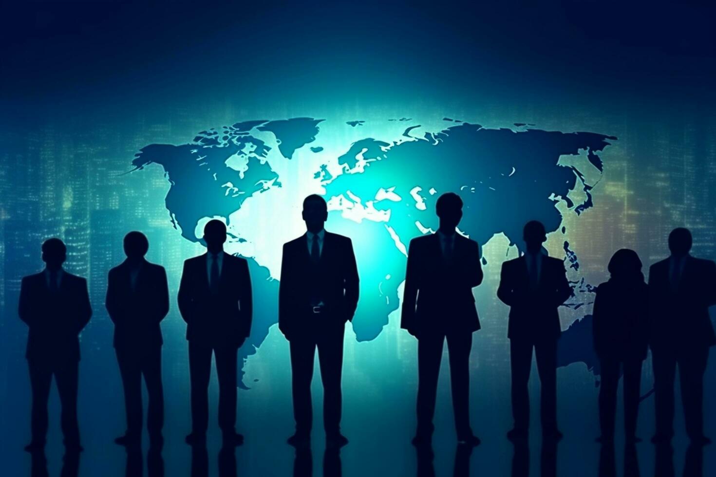 Silhouettes of business people standing in front of digital world map Ai Generative photo