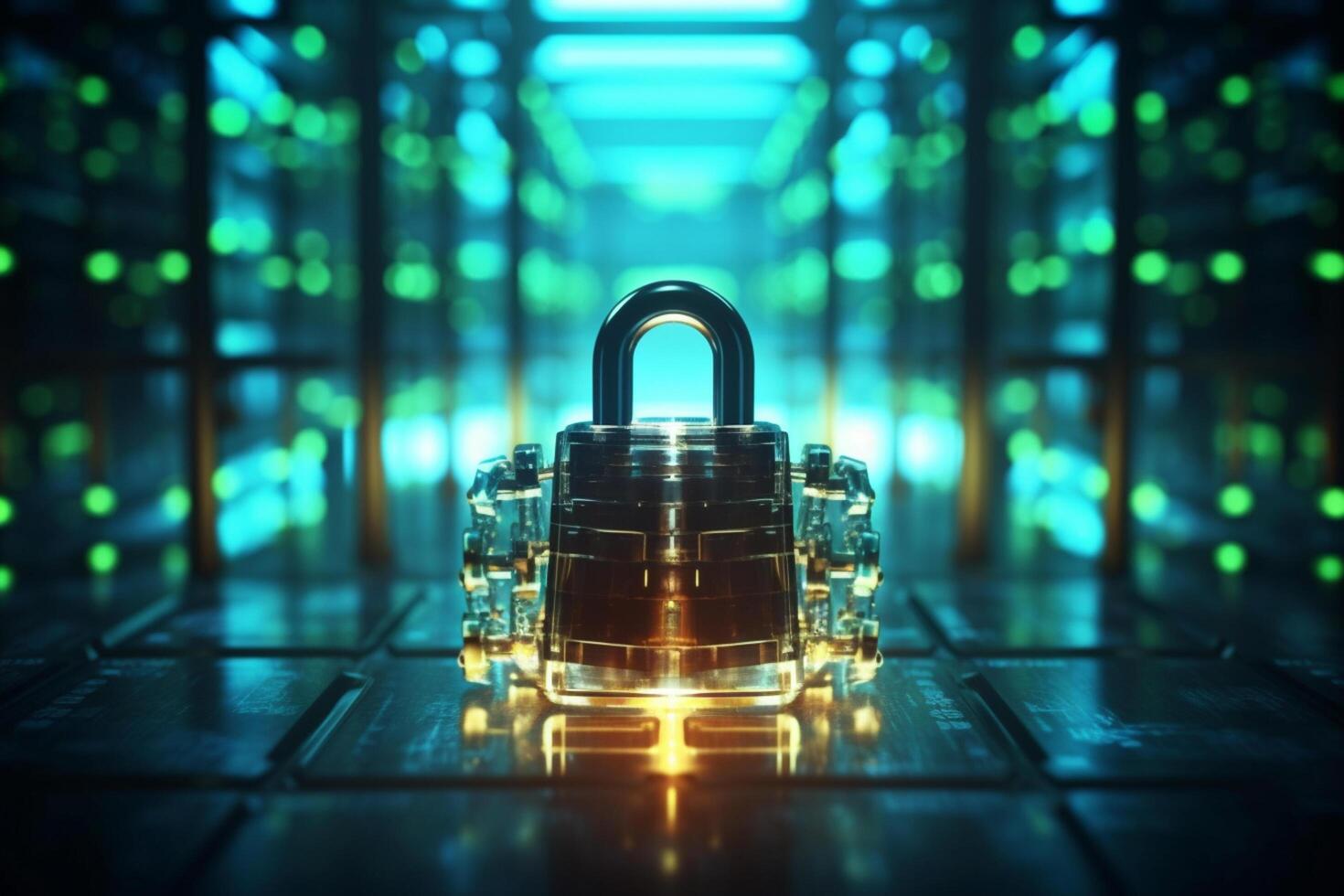 Padlock icon on blurred cityscape background, cyber security concept. double exposure photo