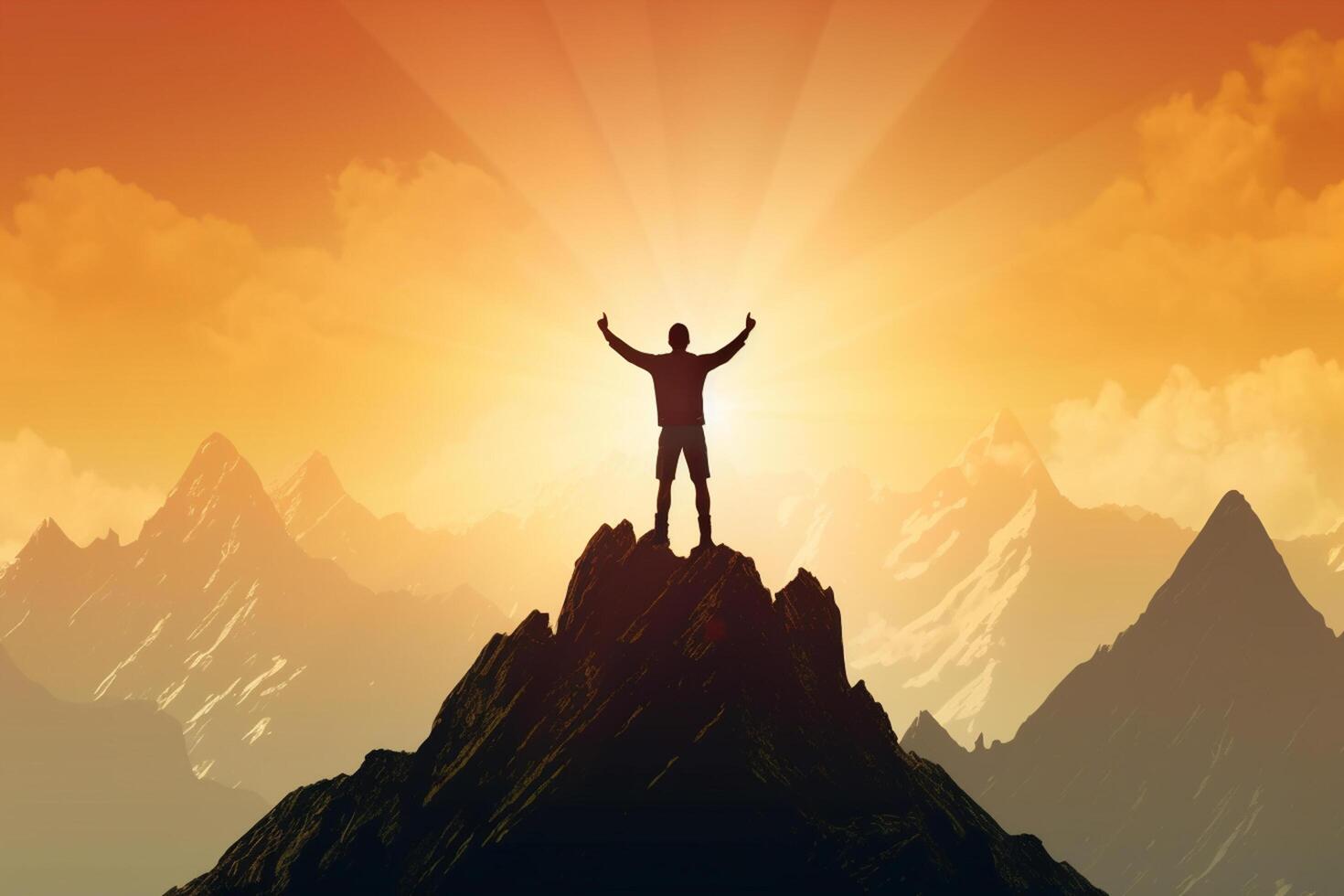Businessman standing on top of mountain. Success and leadership concept. 3D Rendering photo