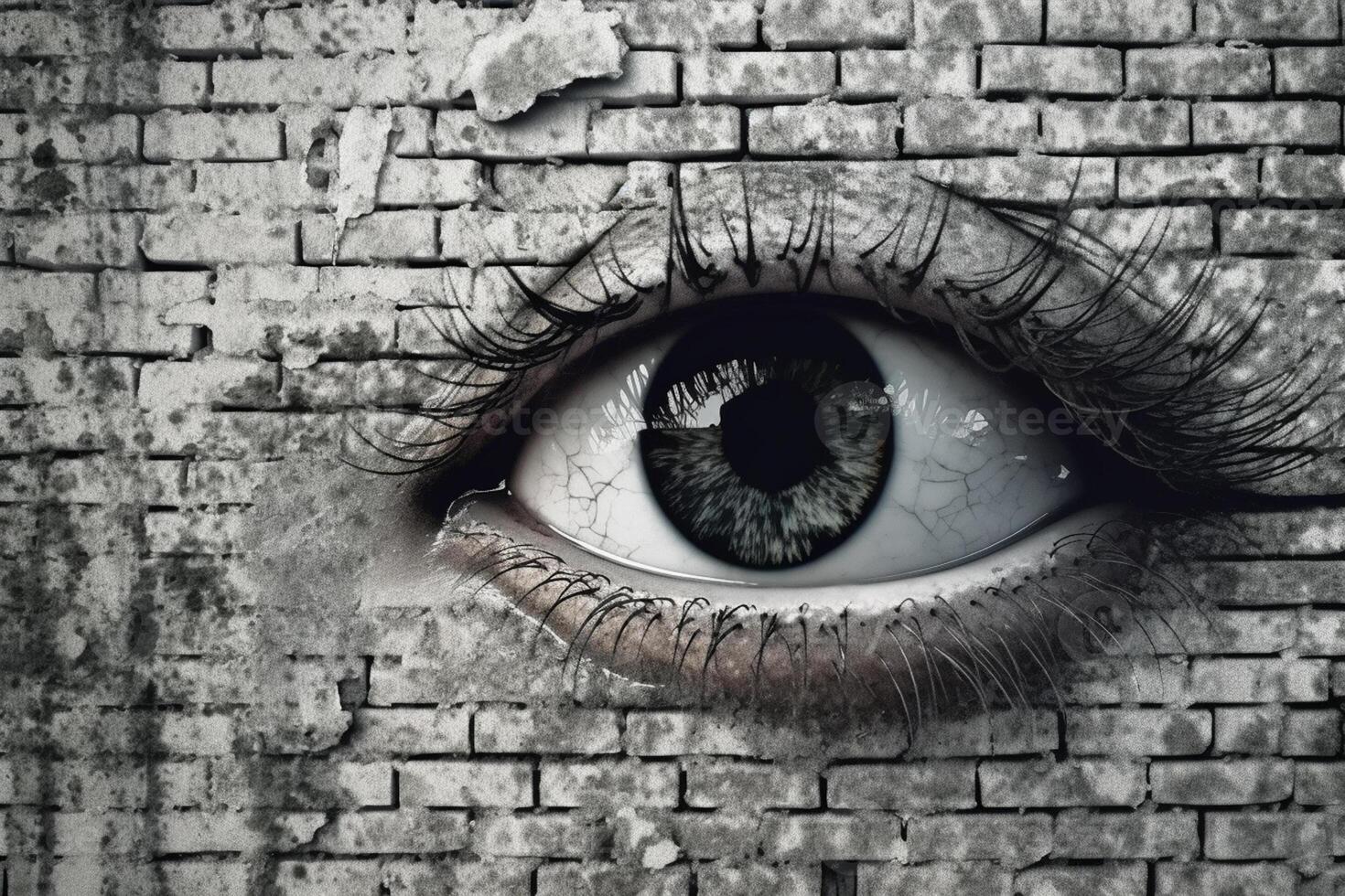 Close up of woman's eye with brick wall in the background. photo