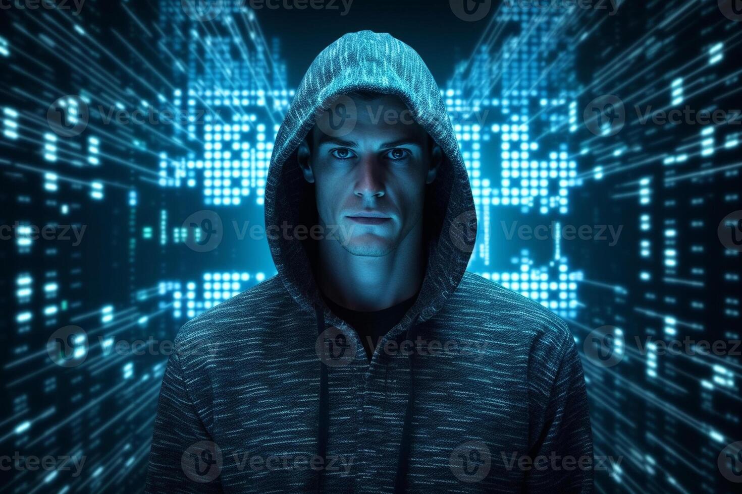 Hooded hacker with binary code on a dark blue background. photo