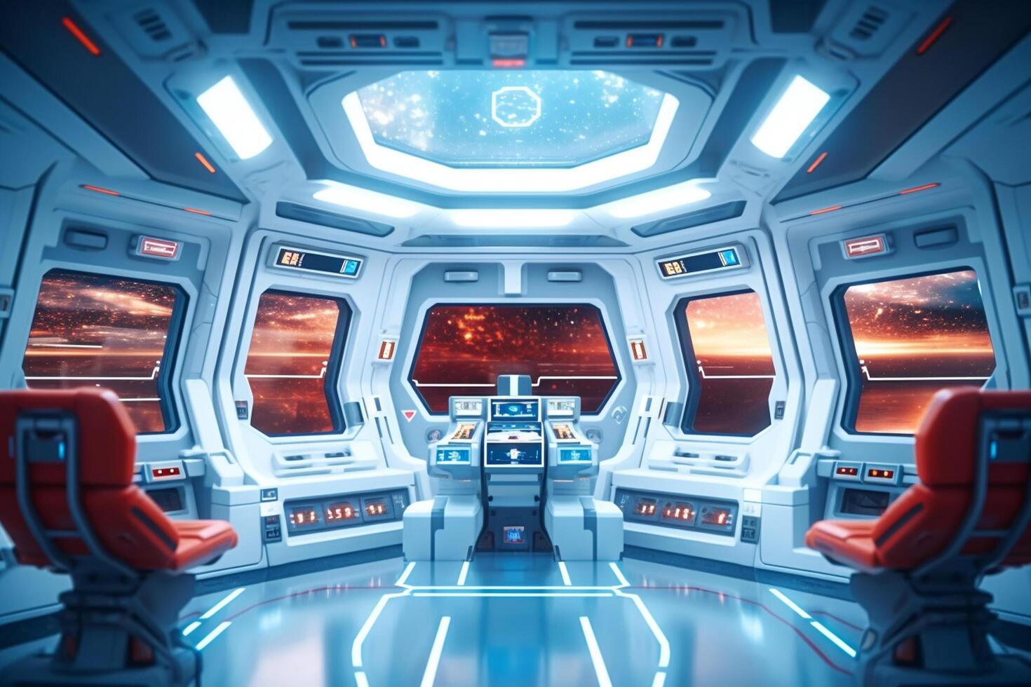 Spaceship interior with view on space and planets. Mixed media photo