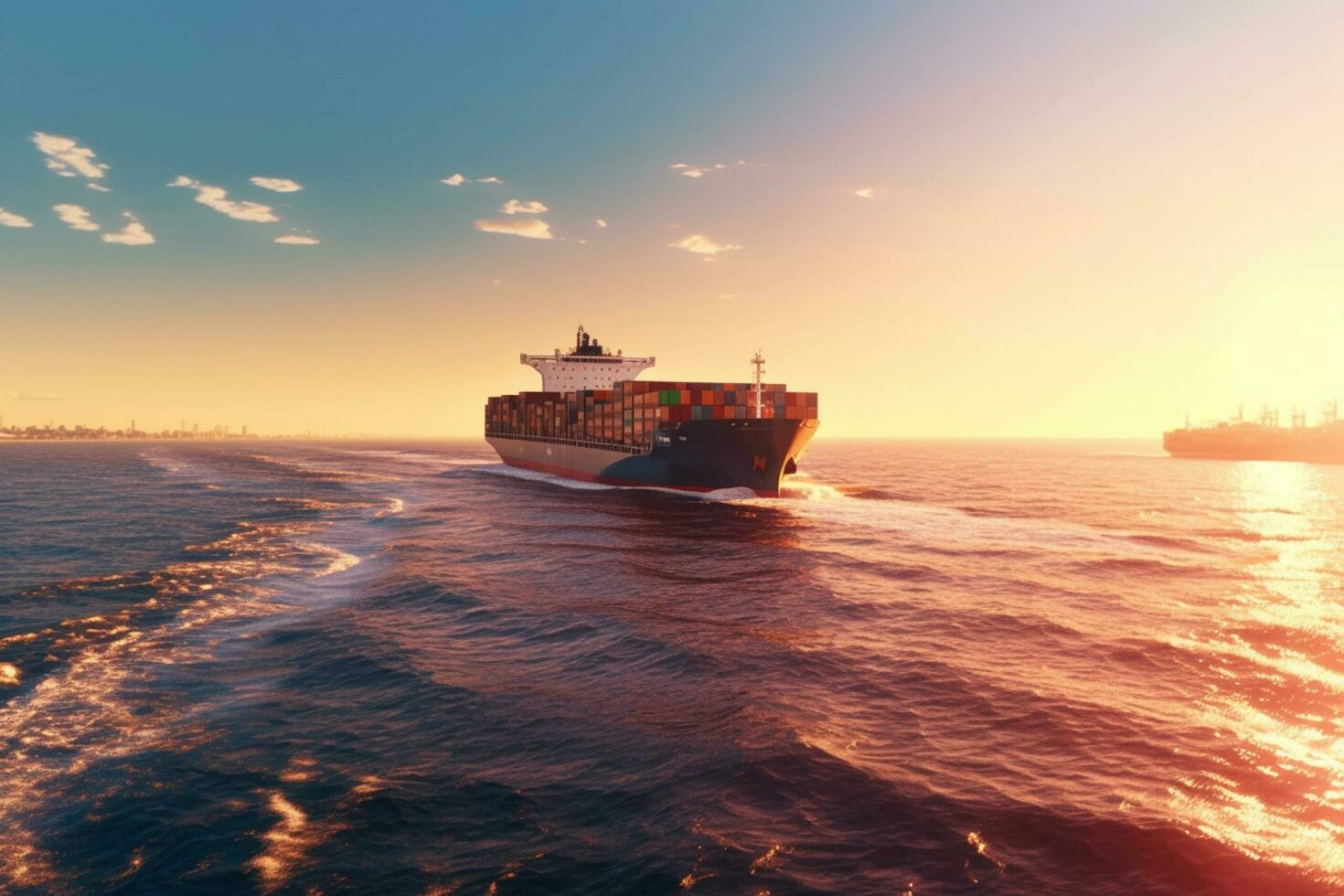 Container Ship in the ocean at sunset. 3D Rendering. Ai Generated photo