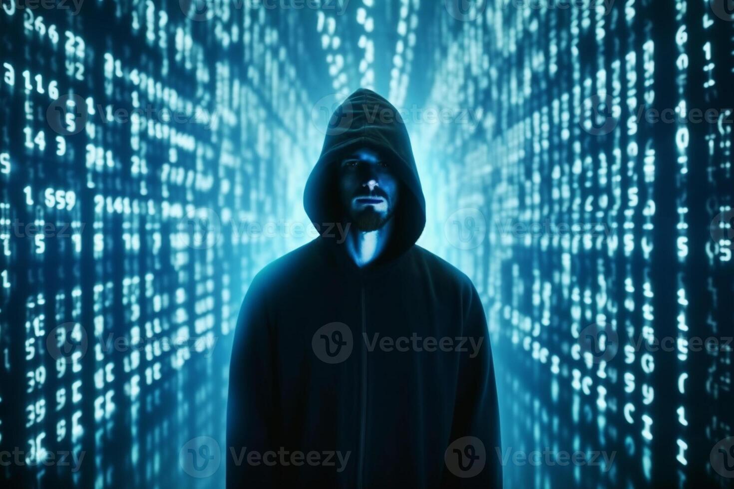 Hooded hacker with binary code on a dark blue background. photo