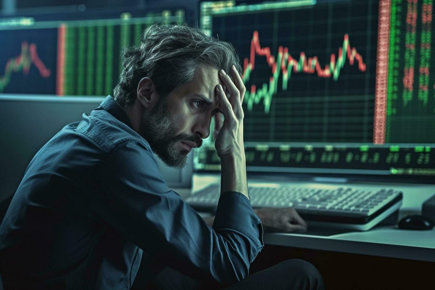 Stressed businessman sitting in front of a window and looking at stock market charts Ai Generated photo