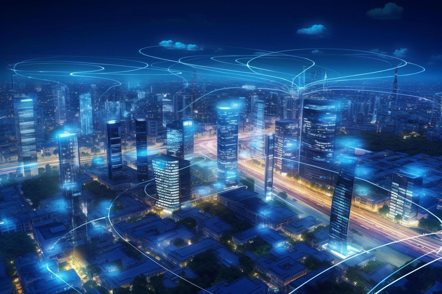 Smart city with internet network and high-rise buildings at night. photo