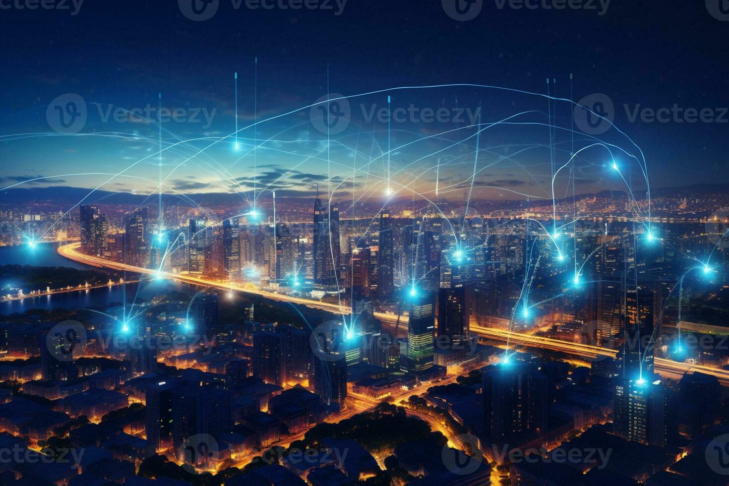 Abstract night city with lights and connection lines. 3D Rendering photo
