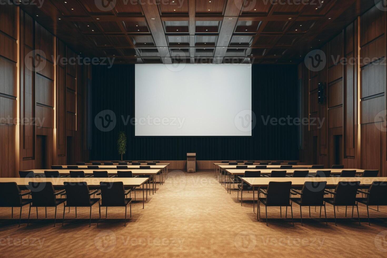 Interior of a lecture hall with rows of chairs and tables. 3d rendering photo