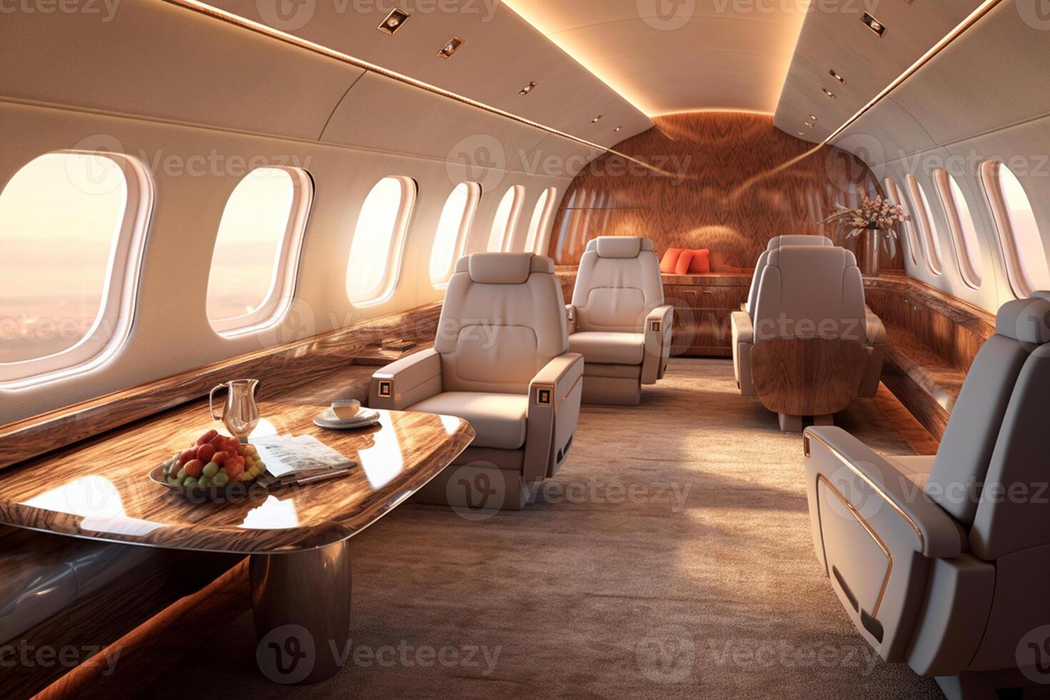 Modern Interior of airplane with seats and window view. 3d rendering photo