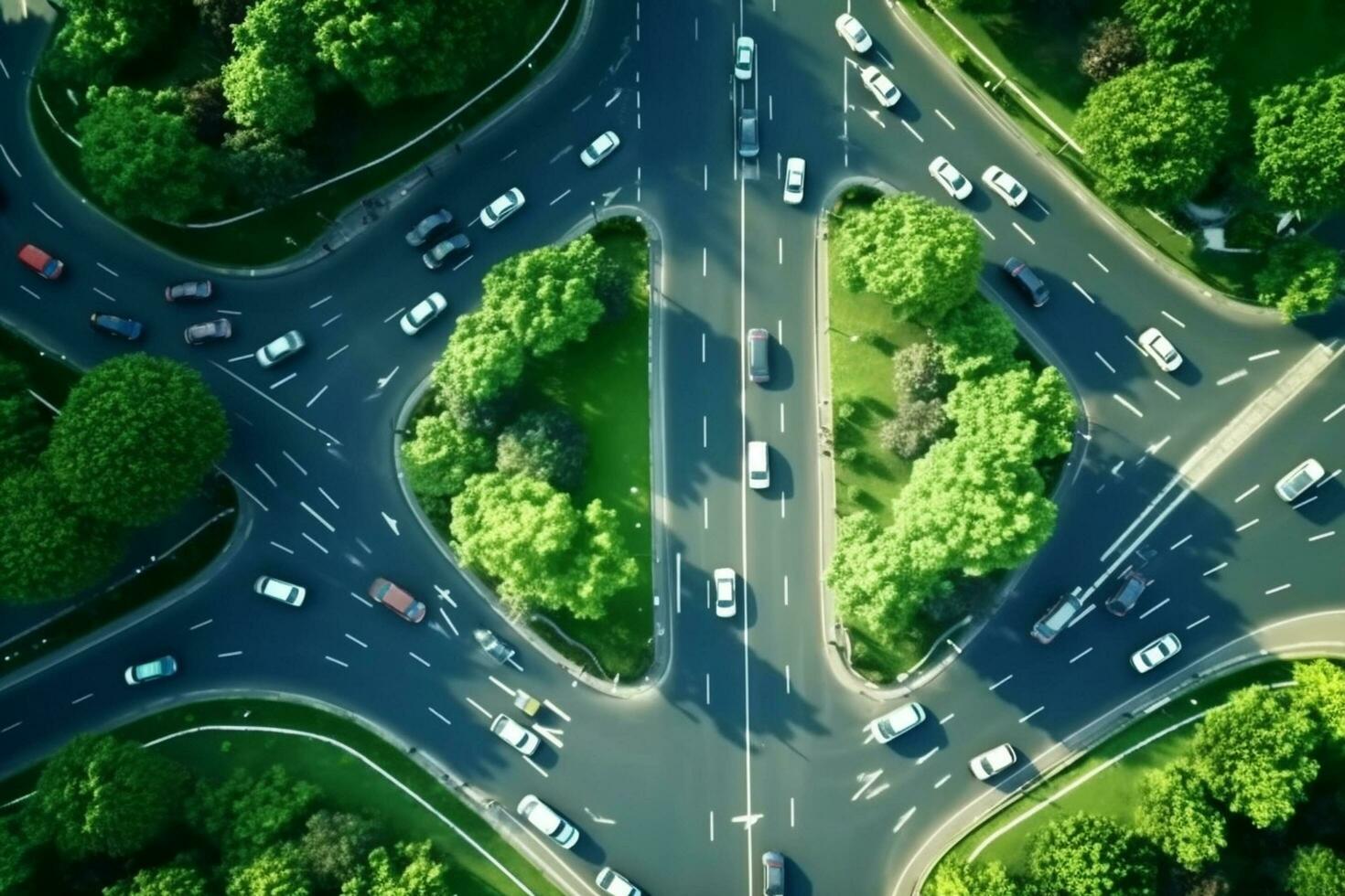 Aerial top view of a roundabout in the middle of a green city photo