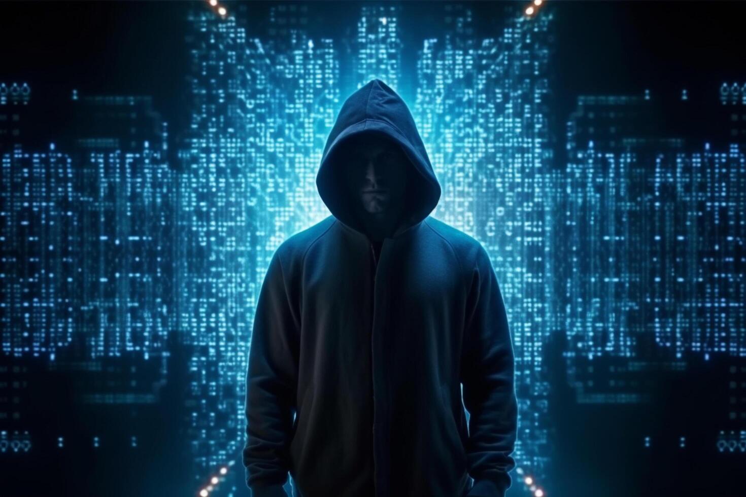 Hooded hacker in front of binary code background. Hacking concept photo