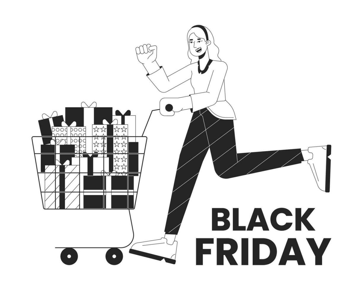 Holiday shopping black and white 2D illustration concept. Female shopper pushing shopping cart cartoon outline character isolated on white. Pre black friday weekend metaphor monochrome vector art
